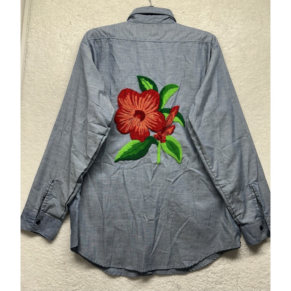 Roomy Richard Womens Size 16 Blue Long Sleeve Button Up Floral Embroidered Top